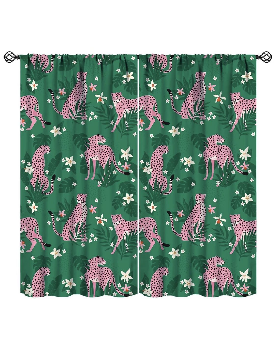 Leopard Blackout Curtains Tropical Jungle Cartoon Abstract Aesthetic Green Leaves Pink Wild Animal Bedroom Living Room Rod Pocket Decoration Window Dr
