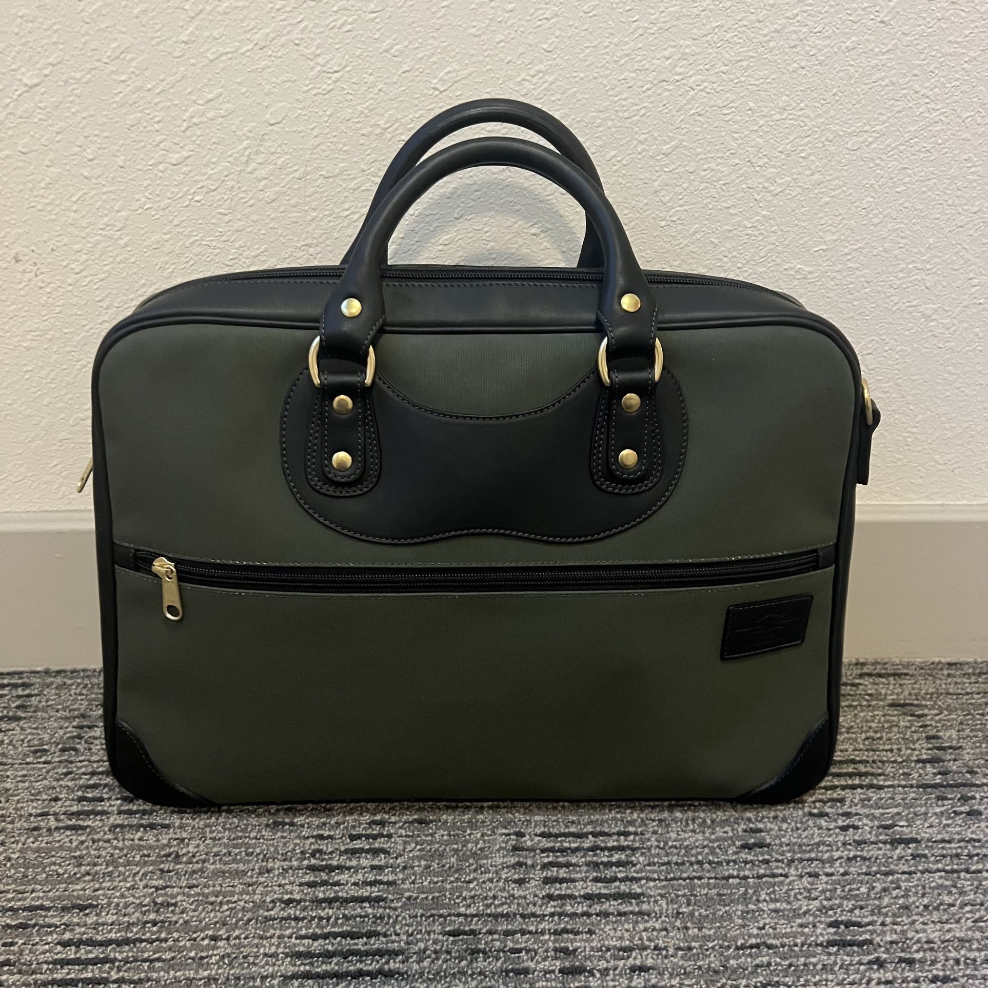 JPLC J. Panther Luggage Co. Courier Ruc Case olive canvas black leather 13x3x19.5’’ *retails $800