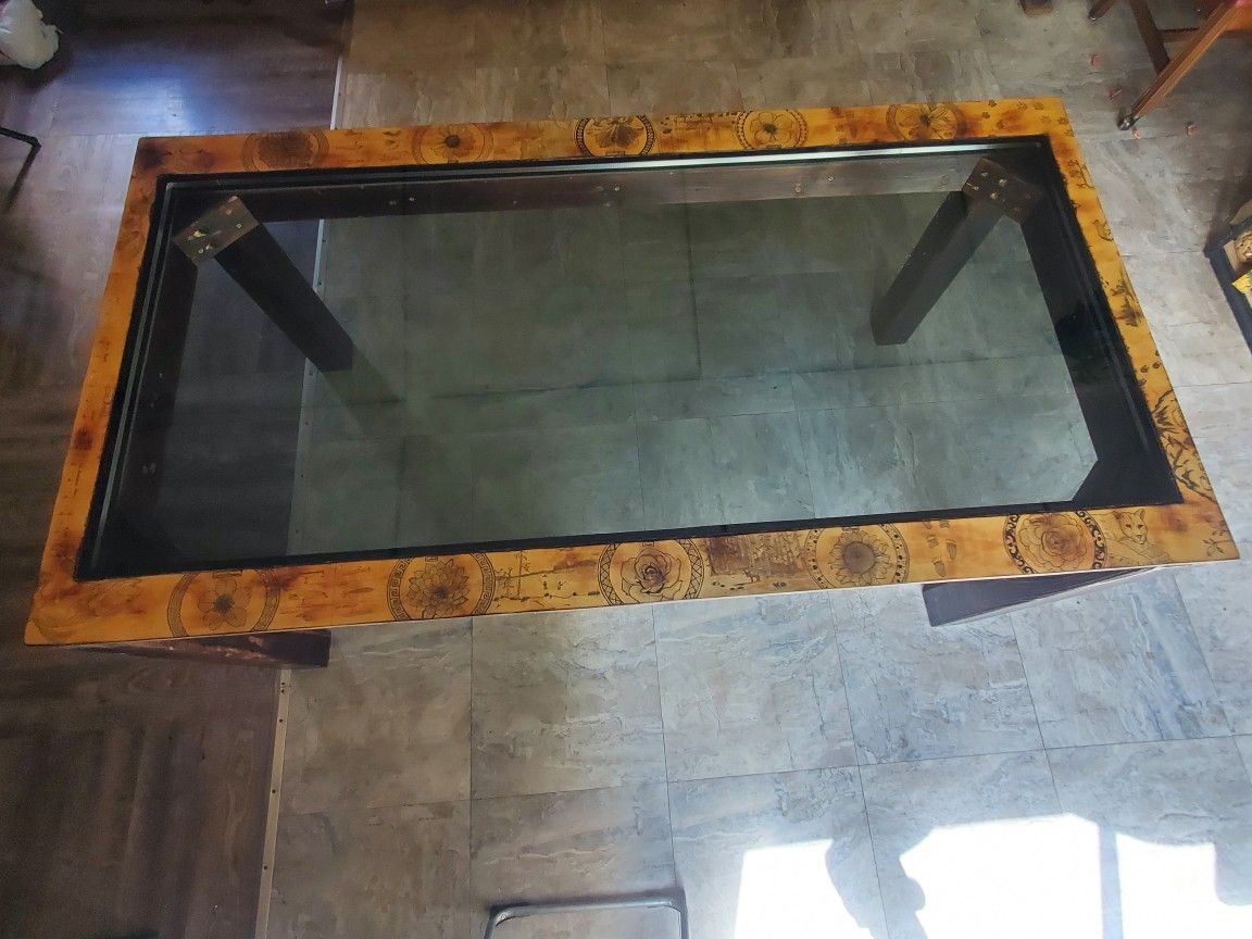 Wood Table with Glass & Art