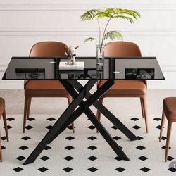 51.18" Rectangular Clear Tempered Glass Dining Table Golden Metal Legs