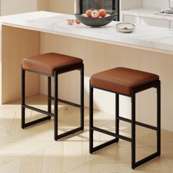 Costway - 26" Bar Stools Set of 2 with Faux Leather Upholstered Seat, Metal Legs, Footrests - Brown + Black