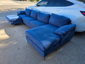 Blue Fabric Sectional Sofa with Ottoman