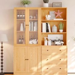 Vertical File Cabinet, 3-Tier Modern Bookshelf with 3 Large Drawer, Wood Filing Cabinet with Open Storage Shelf, Glass Doors and Fixed Storage Shelves