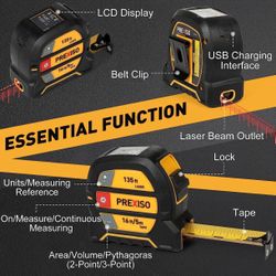 PREXISO 2-in-1 Laser Tape Measure, 135Ft Rechargeable Laser Measurement Tool & 16Ft Manual Measuring Tape Movable Magnetic Hook - Pythagorean Mode, Ar