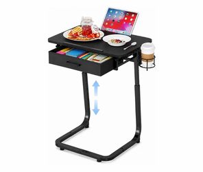 New! TV Tray Adjustable Height & 15° Tiltable Black Table w Drawer & Cup Holder