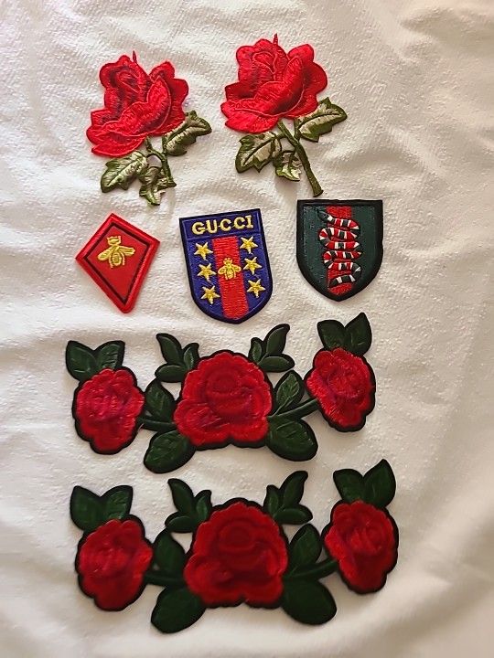 lot of 7 embroidered patches, red roses, bees, snakes, desiner inspired