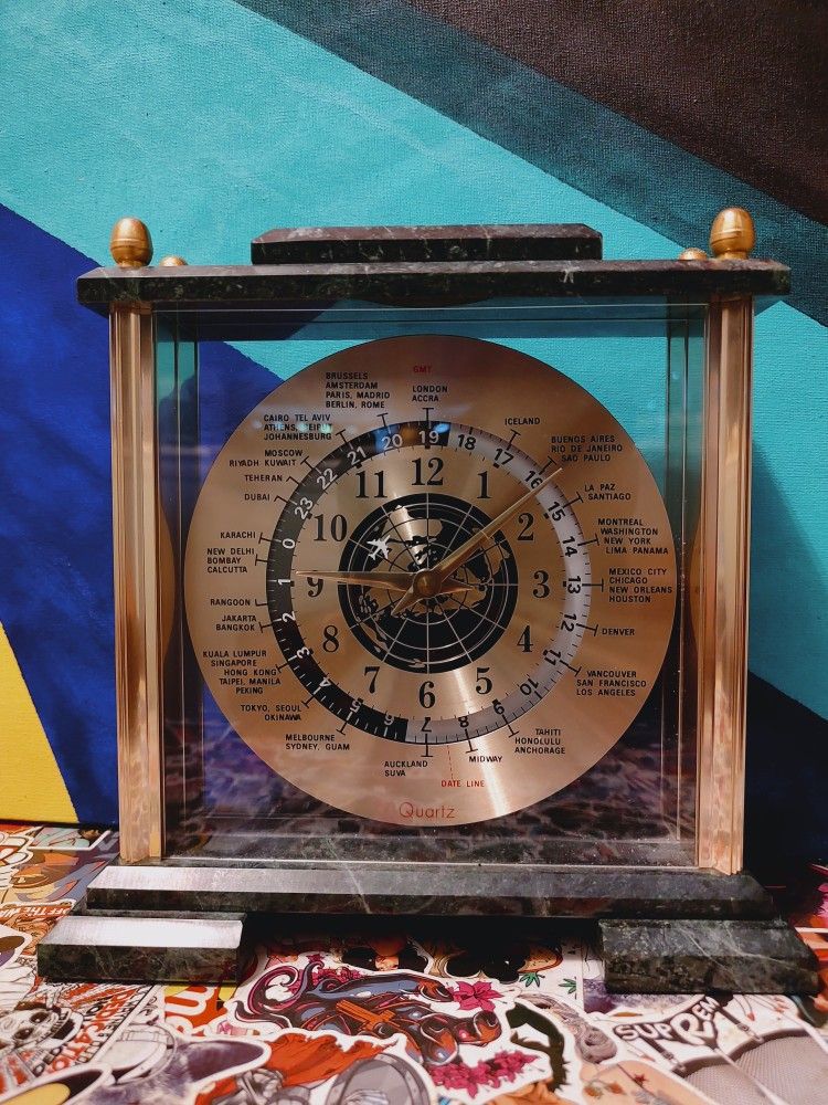 Vintage Global Time Tracker Clock w/Floating Aeroplane Second Hand, Japan Mvmt.