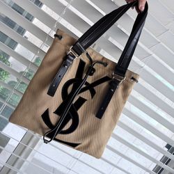 YSL Yves Saint Laurent Kahala Tote Bag Canvas Leather Brown