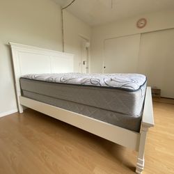 White Bed Frame with Mattress.  Queen Size.