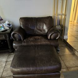 Oversize Brown Leather Chair With Ottoman