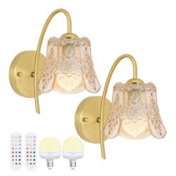 Vintage Battery Wall Sconce with Flower lampshade,Rechargeable Battery Powered Wall Lights,Wall lamp with 15 Colors for Bedroom Living Room Home Decor