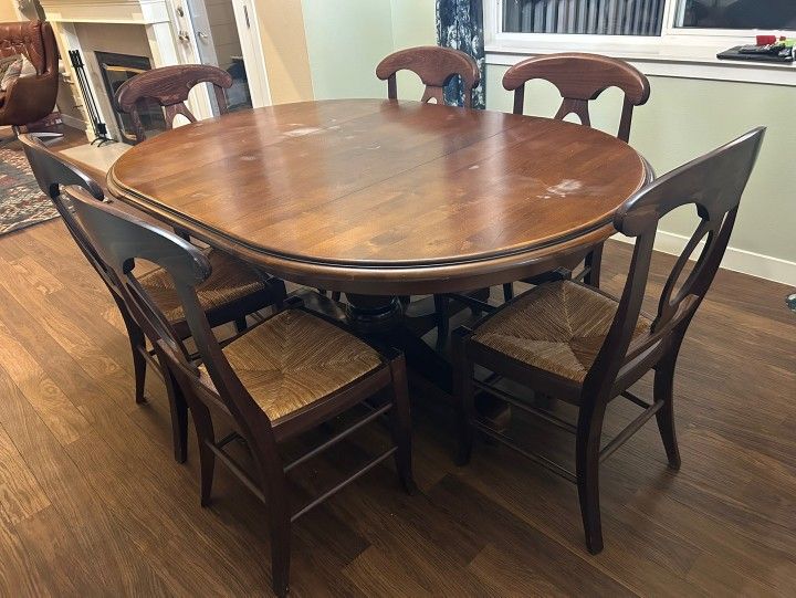 Pottery Barn Sumner solid wood high quality oval/round pedestal Extendable dining table+cane Rattan chairs+extension leaf