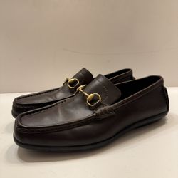 Gucci Choc Brown Leather Gold Horsebit Driving Loafers US 8 D EU 41 (117708)