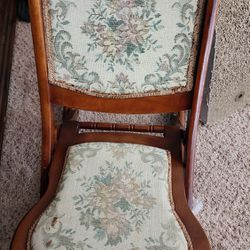 Antique Victorian Tapestry Carved Wood Folding Rocking Chair 