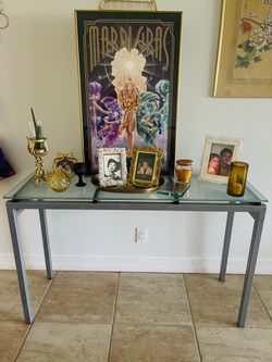 Glass Top & Silver Base Entry Table 48”x 16”