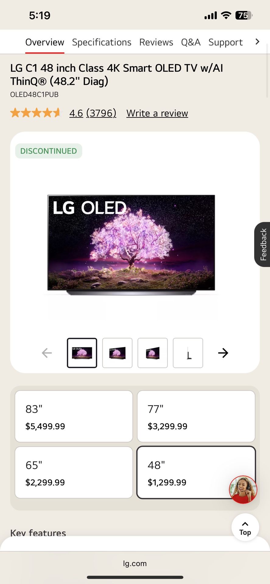 LG C1 48 inch Class 4K Smart OLED TV w/Al ThinQ® (48.2" Diag)