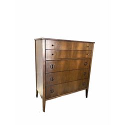Vintage Mid Century Modern Tallboy Dresser Drawers in Walnut Tone with Original Metal Pulls & Hardware with Elements of Traditional Woodworking 