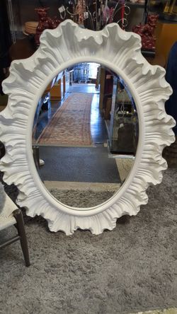 Large, Classy white ruffled mirror, Can be hung horizontally or vertically details in pictures. 
Measures 35 in wide 47 in tall