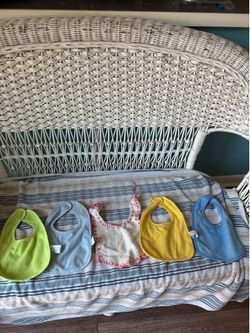 Baby bibs set of 5 one vintage plus wooden cradle and teddy new