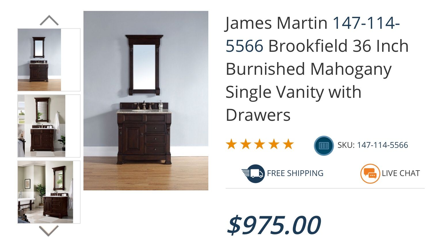 James Martin 147-114-5566 Brookfield 36 Inch Burnished Mahogany Single Vanity with Top