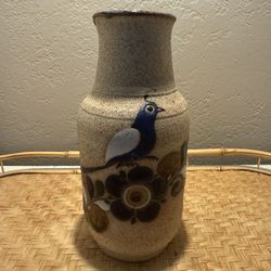 Vintage Handcrafted Mexican Stoneware Vase – Bird & Floral Design