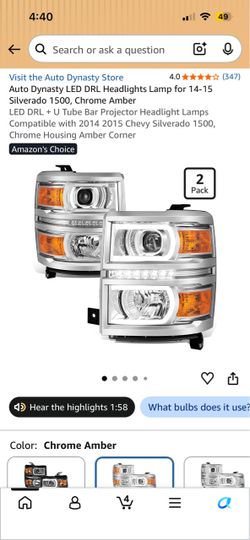 Auto Dynasty LED DRL Headlights Lamp for 14-15 Silverado 1500, Chrome Amber LED DRL + U Tube Bar Projector Headlight Lamps Compatible with 2014 2015 C