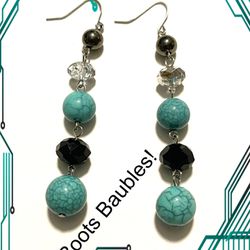 Turquoise Beaded Crystal And Black Dangle Earrings 