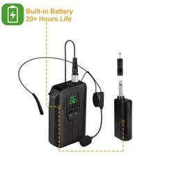 Wireless Headset & Bodypack Microphone System, Rechargeable, 20Hrs Use, for PA Speaker, Teaching, Church, Gymroom