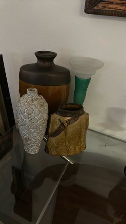 Assorted Vases And Candle Stand.