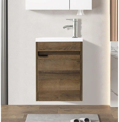 16" Small Bathroom Vanity Wall Mounted, Brown Small Bathroom Vanity with Ceramic Sink, Vanity and Sink Combination with Chrome Mixer Tap, P-Shaped Was