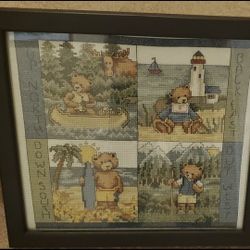 NEEDLEPOINT BEARS FRAMED UP NORTH/DOWN SOUTH/BACK EAST/OUT WEST 