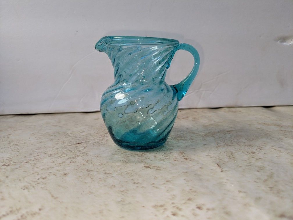 Hand Blown Blue Swirl Bubble Glass Pitcher