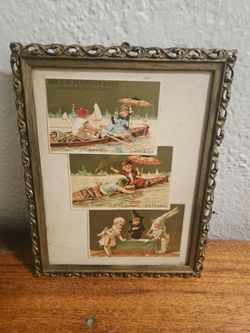 3 Victorian Advertising Trade Cards by C.M. Henderson & Co in Vintage Wood Ornate Frame (Read)