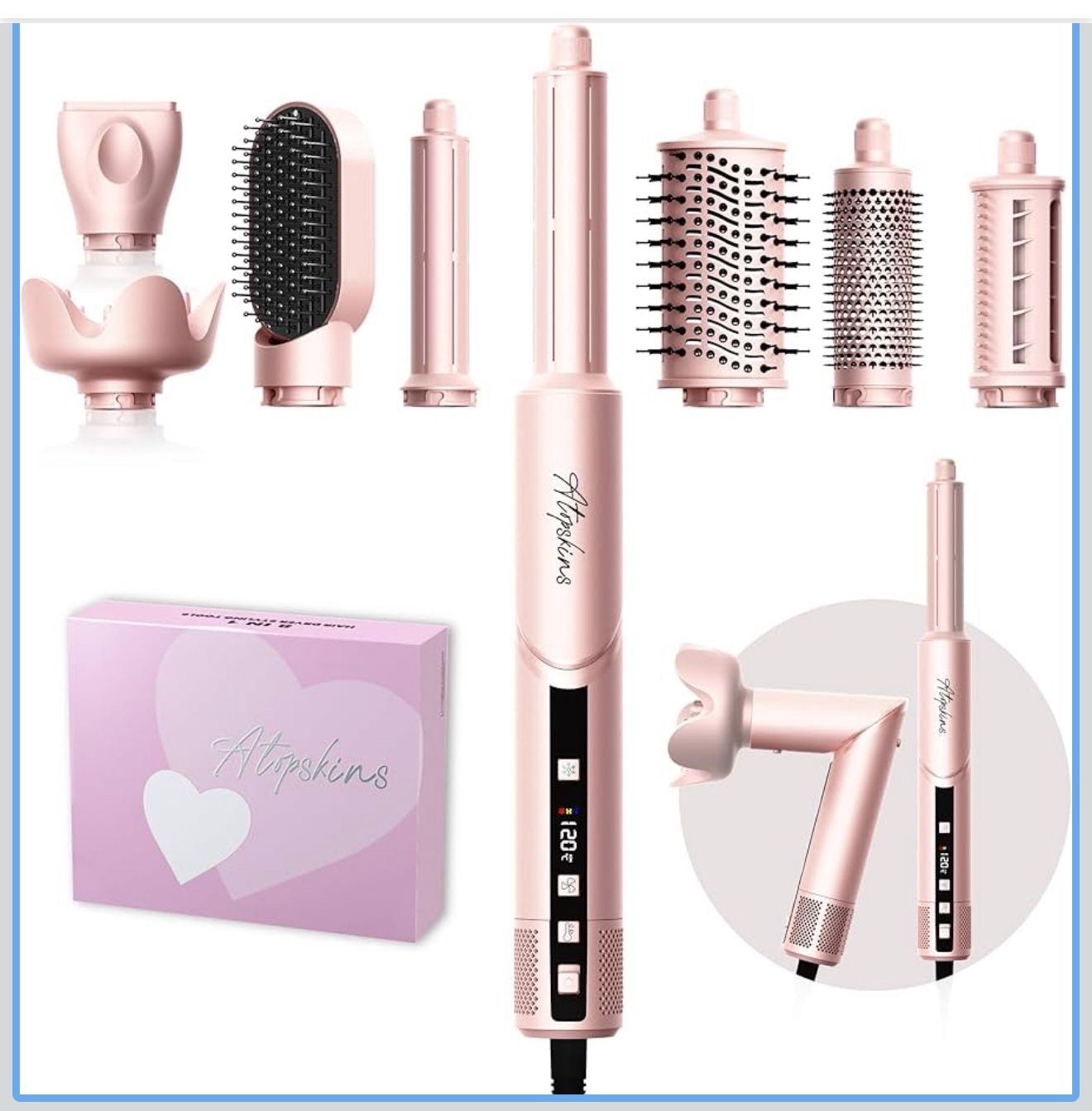 8-in-1 Hair Dryer Brush & Hot Air Styler, 110,000 RPM Blow Dryer Brush Foldable LCD Display, 4 Heat Settings Auto Curler Fast Drying Curling Straighte