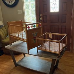 Antique baby doll bed and playpen With Wooden Casters 