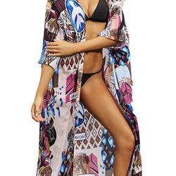 Swimsuit Coverup Kimonos for Women Bird Geometry Print 3/4 Sleeve Kimono Robe Loose Open Front Kimono Duster