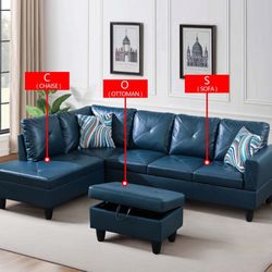 Dark Blue Faux Leather 3-Piece Couch Living Room Sofa Set