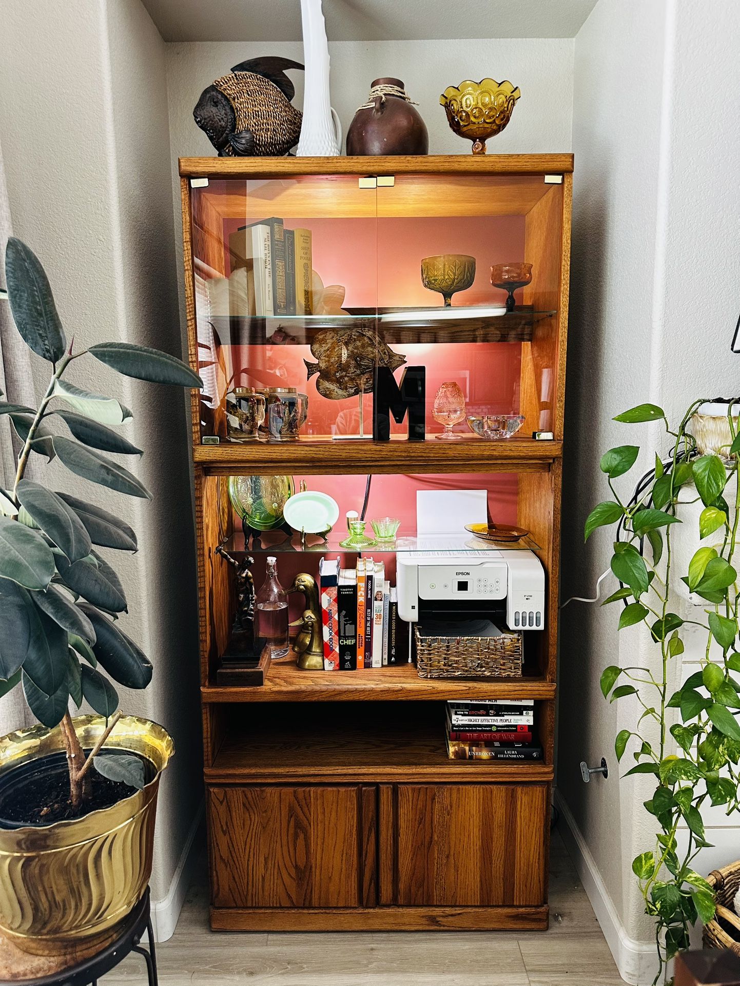 1970’s Backlit Wood Wall Shelf Cabinet