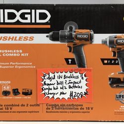 Ridgid 18V Brushless 1/2” Hammer Drill & Impact Combo Kit W/ 2 Batteries & Charger New 
