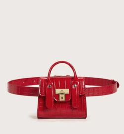 Red Mini Metal lock decor waist bag ❤ Croc Flap Chain fanny pack ❤ Mini Holographic chain bag ❤