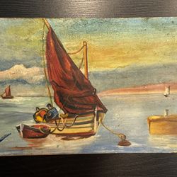 Antique c1940 Nautical Seascape (Italian?) Oil Painting signed S. Castellano