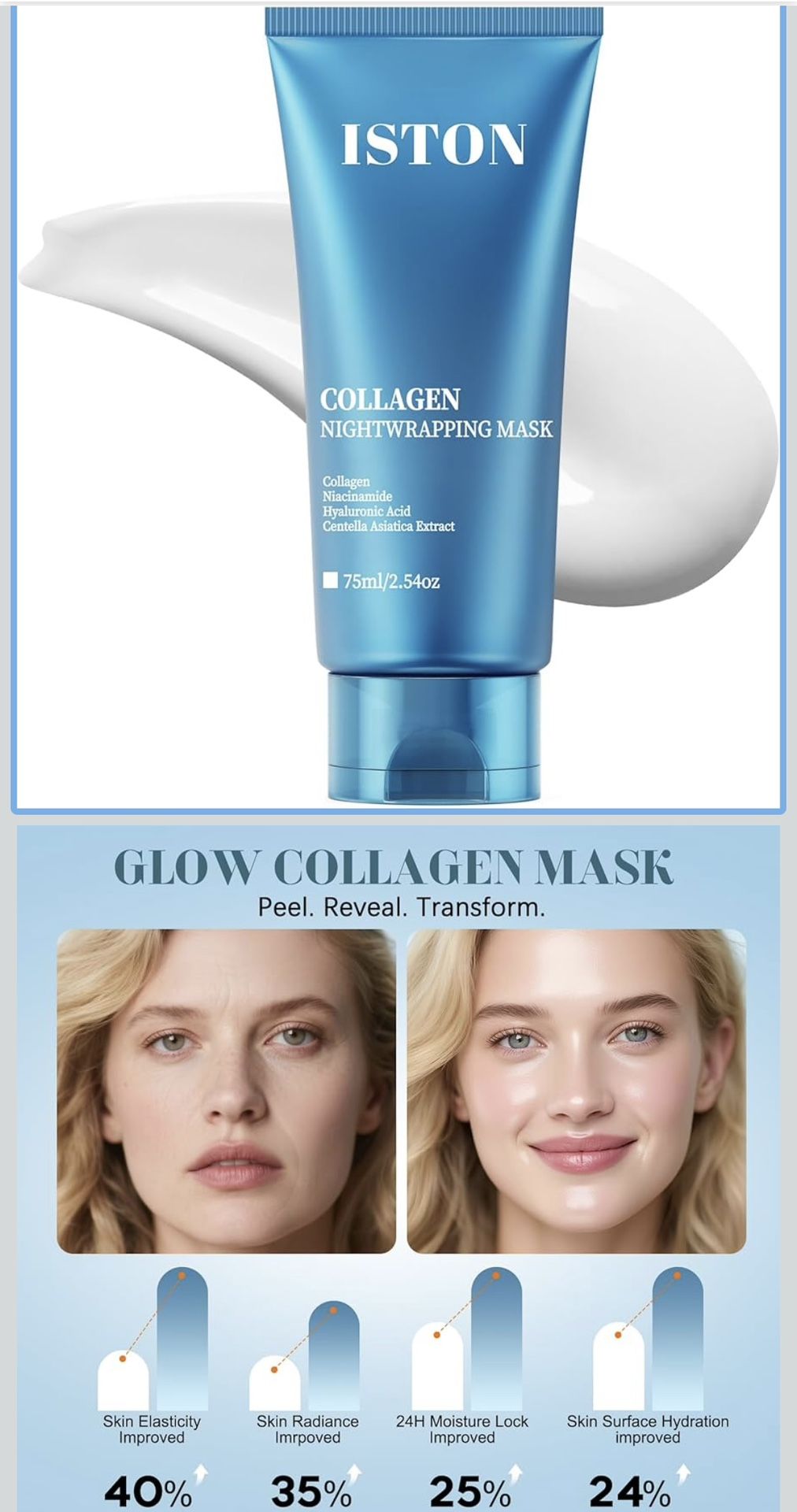 ISTON Collagen Night Wrapping Mask for Glass Skin - Elasticity& Hydration Boost,Reduces Dullness&Radiant Skin| Easy Peel-Off Collagen Face Mask Skin C