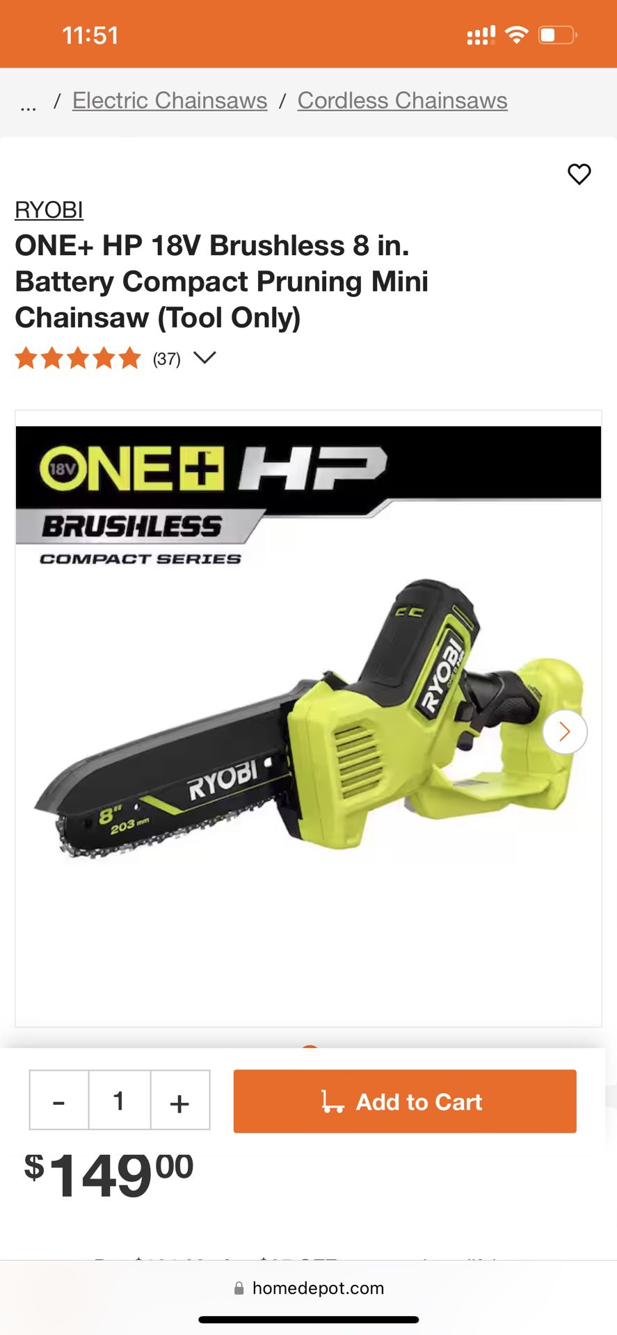 RYOBI ONE+ HP 18V Brushless 8 in. Battery Compact Pruning Mini Chainsaw (Tool Only)/psbcw01b