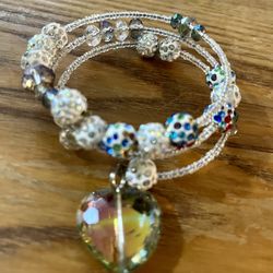 Handmade Spiral Wrap Bracelet Rhinestone Iridescent Beads & Crystal Heart Bangle