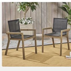 Outdoor Set Of 2 Acacia Wood Chairs With A Modern Mesh Back 