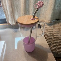 Glass Tumbler With Straw, Wooden Lid, Pink