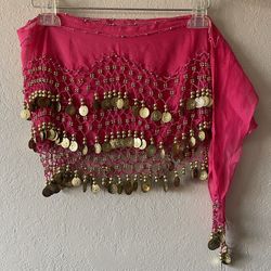 Women’s Belly Dance Hot Pink Hip Belt Wrap Costume Gold Coins 3 Tier, One Size