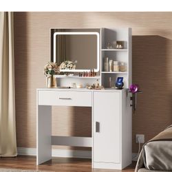 Vanity, Makeup Table with Drawer, Cabinet and Open Shelves Desk with Mirror and Lights