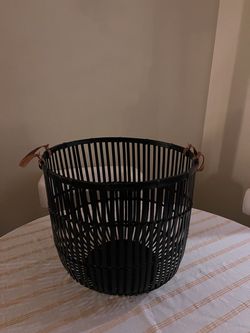 Black Bamboo Slat Basket with Leather Handles