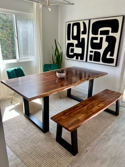 Live Edge Wood Dining Table + Bench | Black Metal Legs